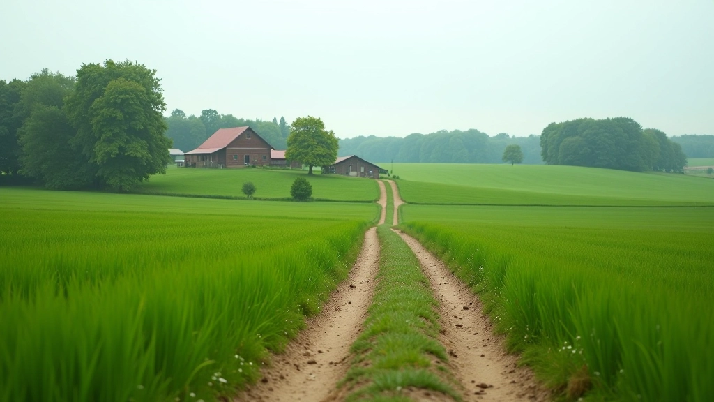 Šalutinis grunto kelias, einantis per žalias pievas su medžiais horizonte, saulesėjantis ūkininko namas toli